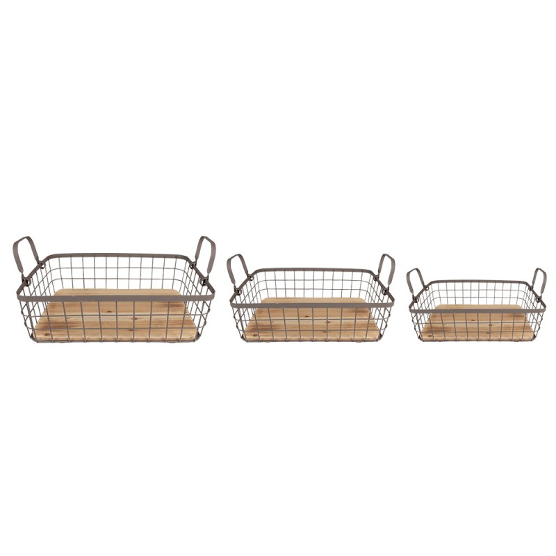 6Y5251 Storage Basket Set of 3 38x28x11 cm Grey Brown Iron Wood Basket