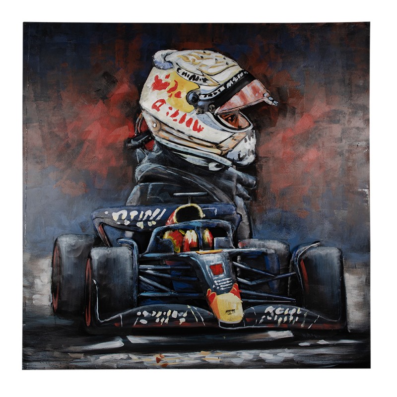 5WA0202 3D Schilderijen metaal 100x100 cm Blauw Rood IJzer Racecar Muurdecoratie