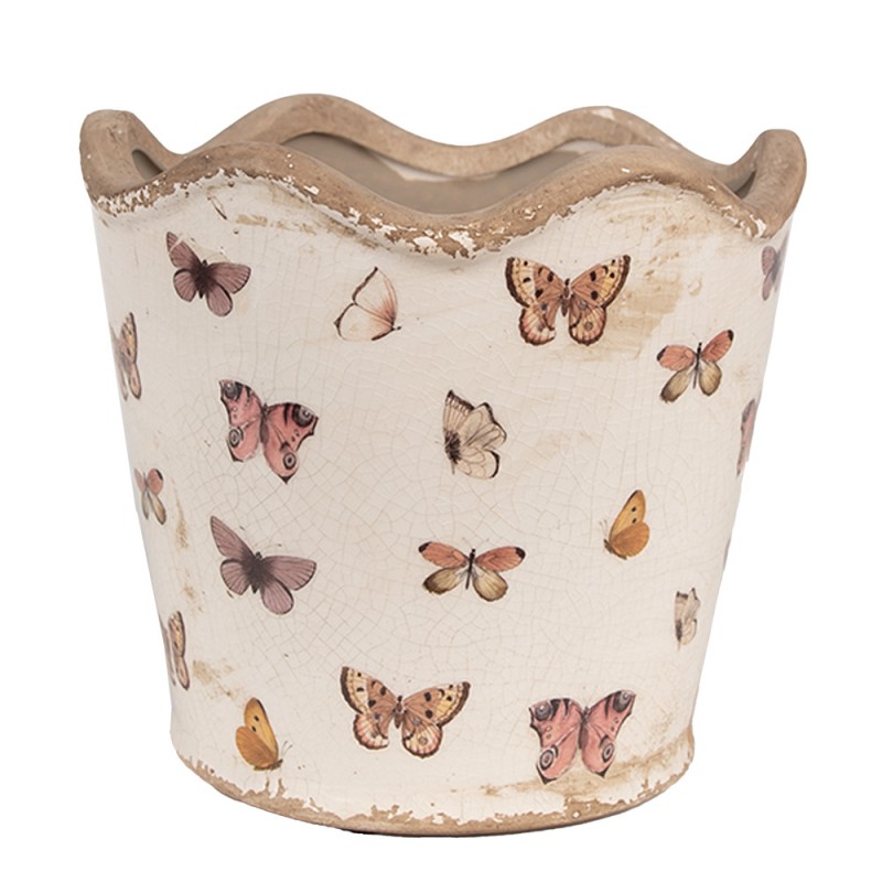 6CE1664M Pot de fleurs d'intérieur Ø 16x15 cm Beige Rose Céramique Papillons Pot de fleur