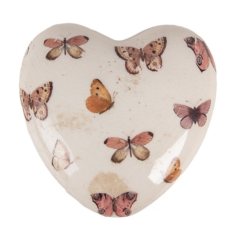 6CE1668L Decoration Heart 10X10x4 cm Beige Pink Ceramic Butterflies Heart-Shaped Home Decor
