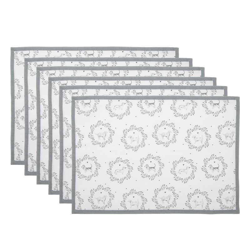 LGD40 Sets de table set de 6 48x33 cm Blanc Gris Coton Chien