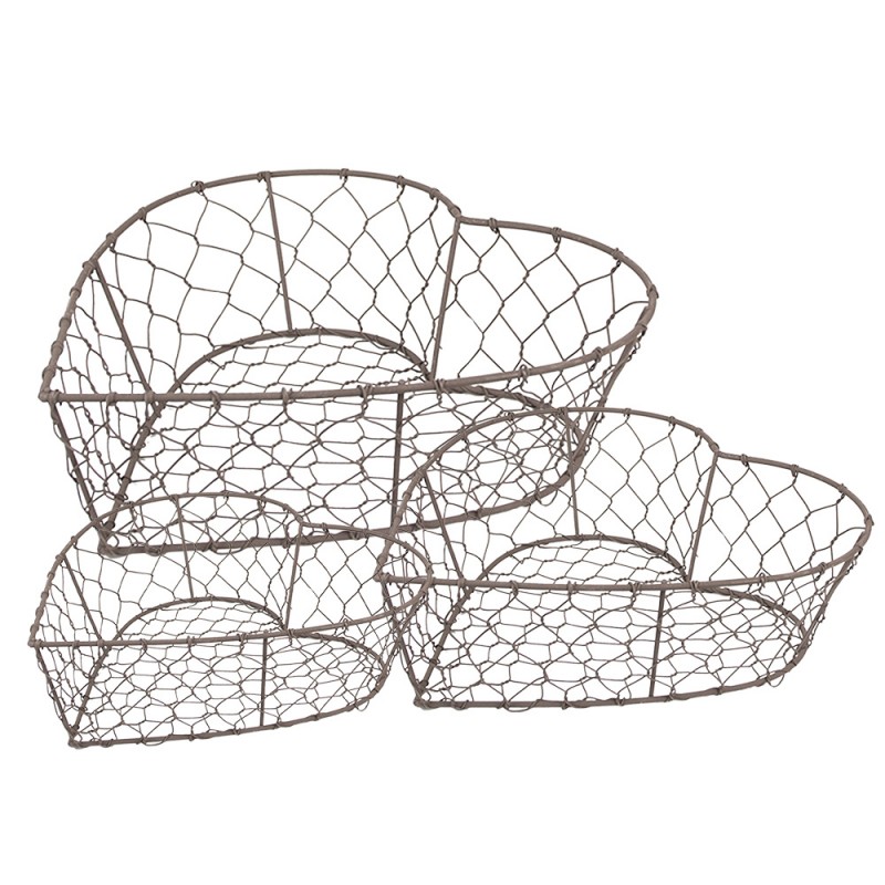 6Y5483 Storage Basket Set of 3 25x23x11/ 22x20x10/ 19x18x8 cm Brown Iron Heart-Shaped Kitchen Baskets