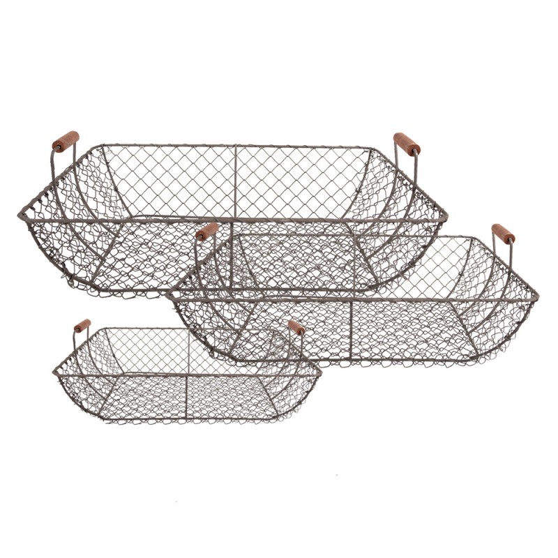 6Y5522 Storage Basket Set of 3 40x34x15 / 36x30x14 / 32x26x13 cm Brown Iron Rectangle Kitchen Baskets