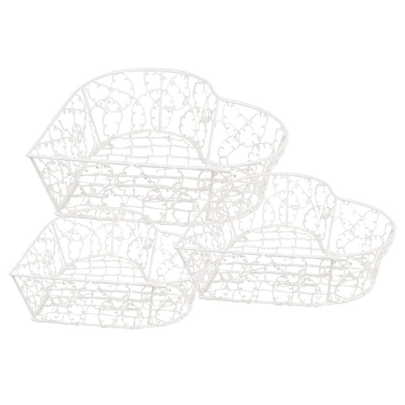 6Y5540 Storage Basket Set of 3 25x25x7 / 20x20x6 / 15x15x6 cm White Iron Heart-Shaped Kitchen Baskets