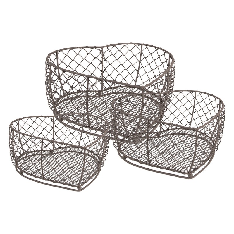 6Y5541 Storage Basket Set of 3 25x25x7 / 20x20x6 / 15x15x6 cm Brown Iron Heart-Shaped Kitchen Baskets