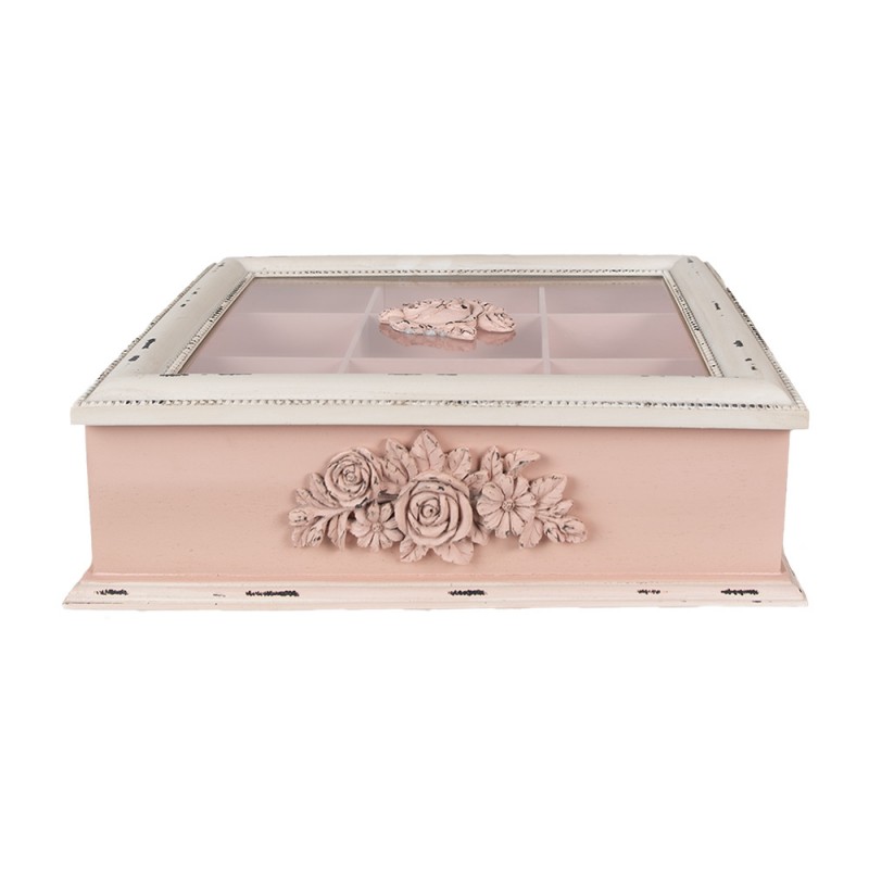 6H2029 Tea Box with 9 Compartments 32x26x9 cm Pink Wood product Flowers Rectangle Tea Storage Box