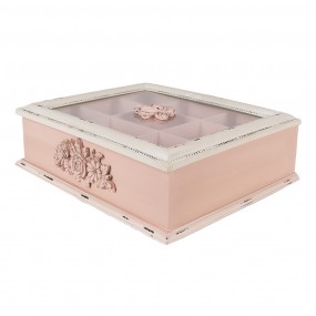 26H2029 Tea Box with 9 Compartments 32x26x9 cm Pink Wood product Flowers Rectangle Tea Storage Box