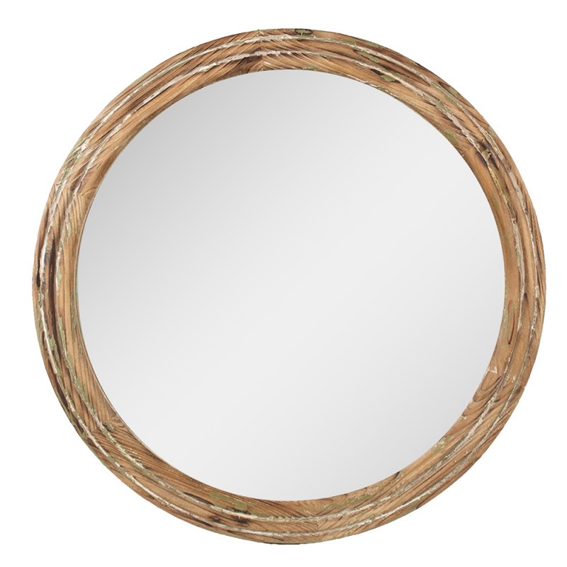 52S305 Mirror Ø 60x6 cm Brown Green Wood Glass Round Wall Mirror