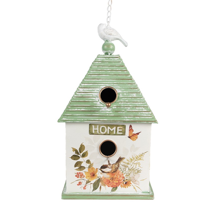 6Y5493 Birdhouse 20x18x38 cm White Green Metal Flowers Rectangle Hanging Bird House