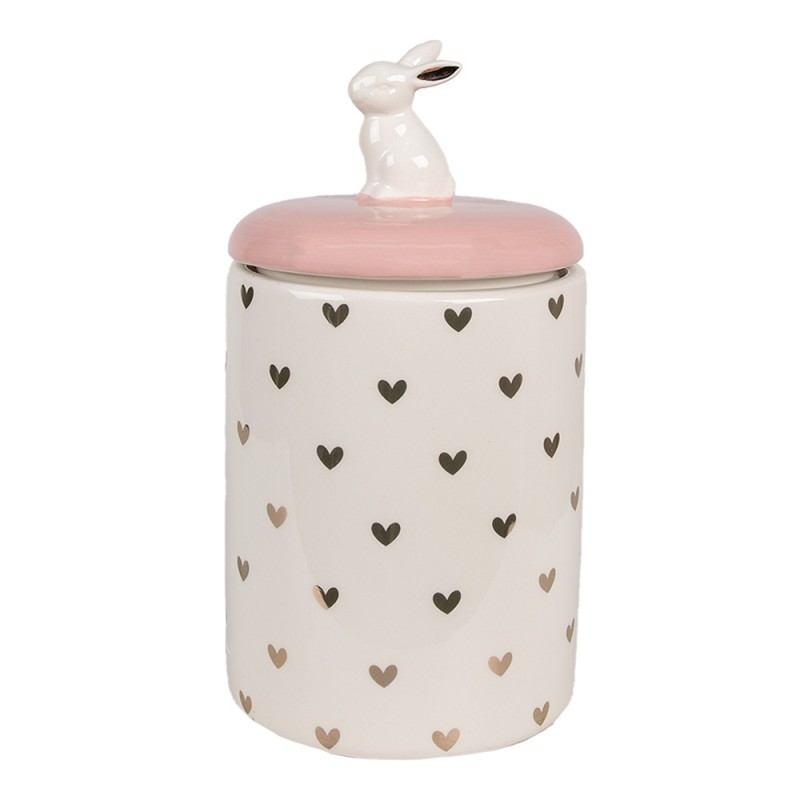 6CE1680 Storage Jar Rabbit Ø 13x30 cm Pink White Ceramic Hearts Storage Jar Lid