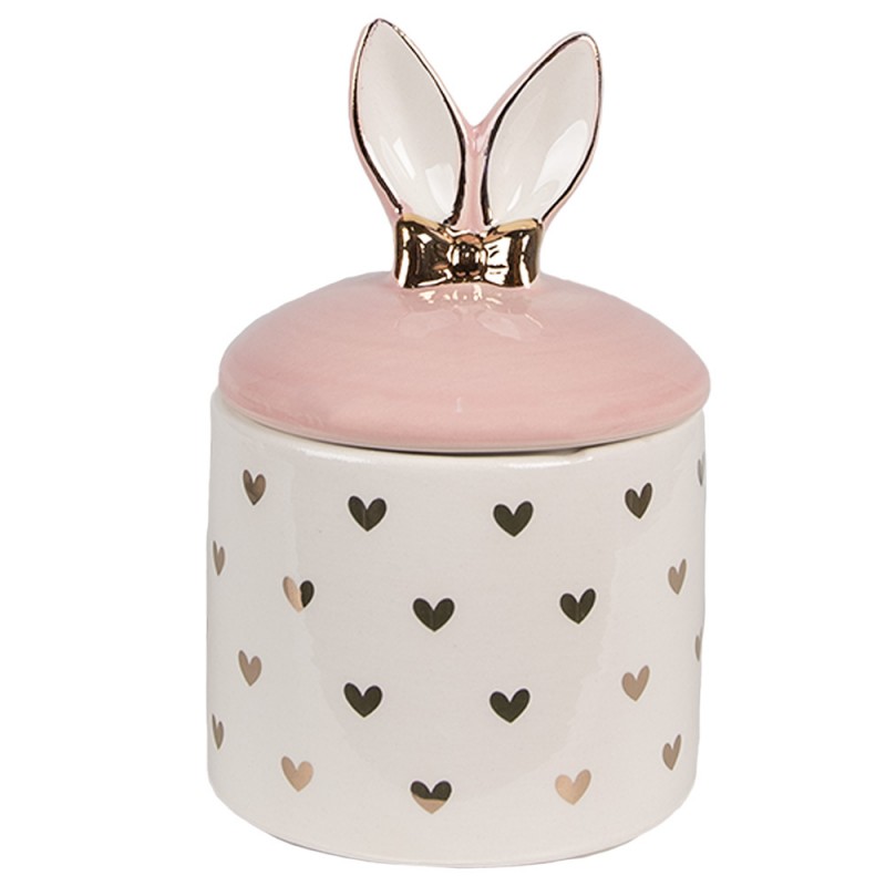 6CE1687 Storage Jar Ø 9x14 cm White Pink Ceramic Hearts Storage Jar Lid
