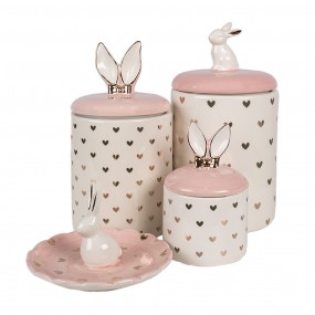 26CE1687 Storage Jar Ø 9x14 cm White Pink Ceramic Hearts Storage Jar Lid