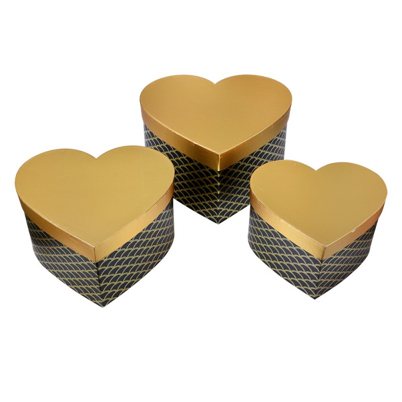 65459 Boîte de rangement set de 3 27x24x15 / 24x21x14 / 21x19x12 cm Noir Couleur or Carton En forme de coeur