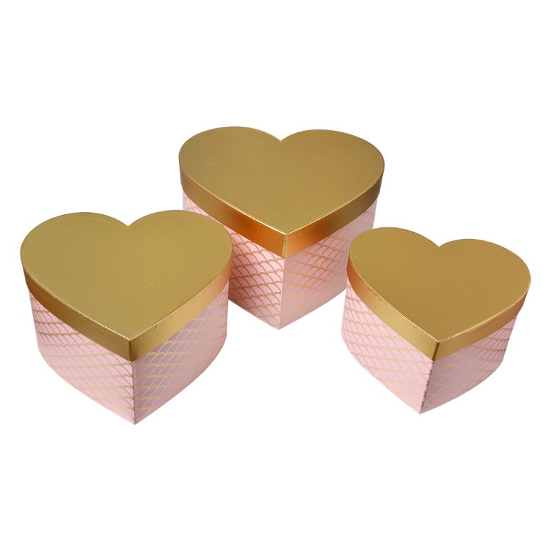 65460 Storage Box Set of 3 27x24x15 / 24x21x14 / 21x19x12 cm Pink Gold colored Cardboard Heart-Shaped