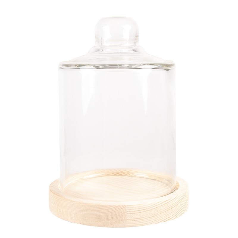 6GL4483 Cloche Ø 13x18 cm Brown Wood Glass Round Glass Bell Jar