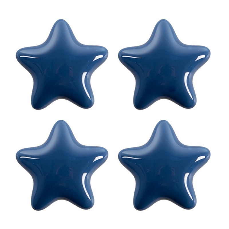 65297 Door Knob Set of 4 Star Ø 4 cm Blue Ceramic Furniture Knob