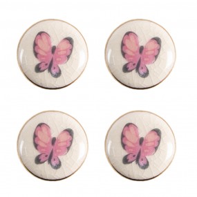 265301 Door Knob Set of 4 Ø 3 cm Pink Beige Ceramic Butterfly Furniture Knob