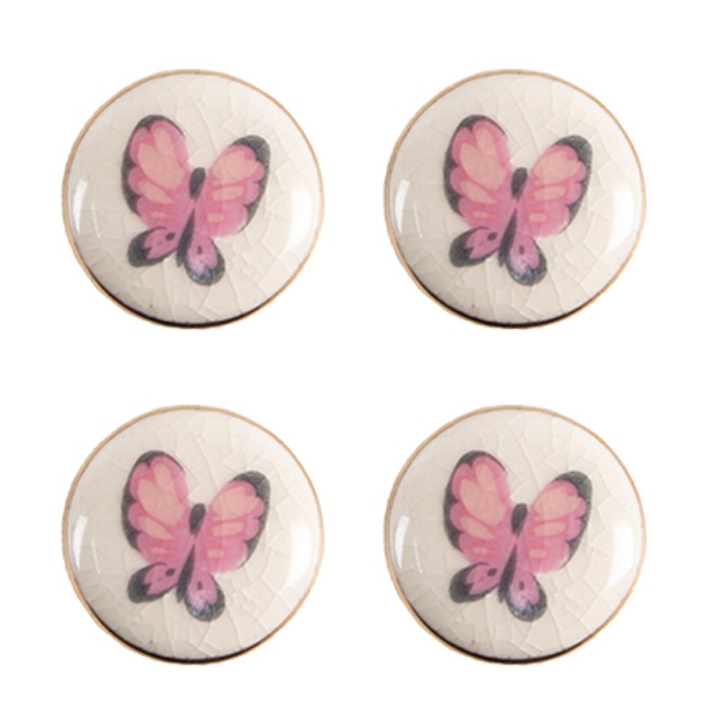 65301 Door Knob Set of 4 Ø 3 cm Pink Beige Ceramic Butterfly Furniture Knob