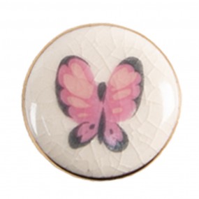 265301 Door Knob Set of 4 Ø 3 cm Pink Beige Ceramic Butterfly Furniture Knob