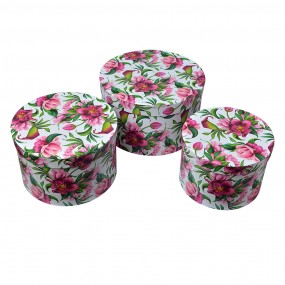 265455 Storage Box Set of 3 Ø 26x15 / Ø 22x15 / Ø 19x14 cm Pink Cardboard Flowers Round