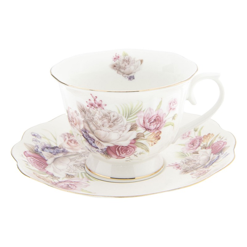 6CE0867 Cup and Saucer 250 ml Pink White Porcelain Flowers Round Tableware
