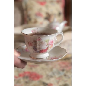 26CE0867 Cup and Saucer 250 ml Pink White Porcelain Flowers Round Tableware