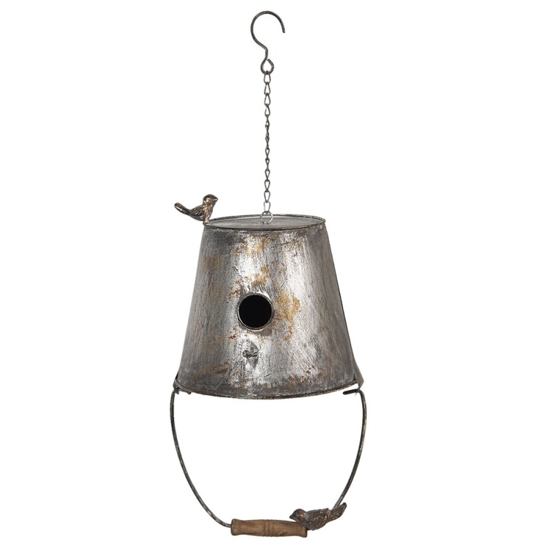6Y3816 Birdhouse Bucket 25x25x60 cm Grey Metal Round Hanging Bird House