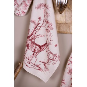 2PFT42-2 Tea Towel  50x70 cm White Pink Cotton Reindeer Rectangle Kitchen Towel