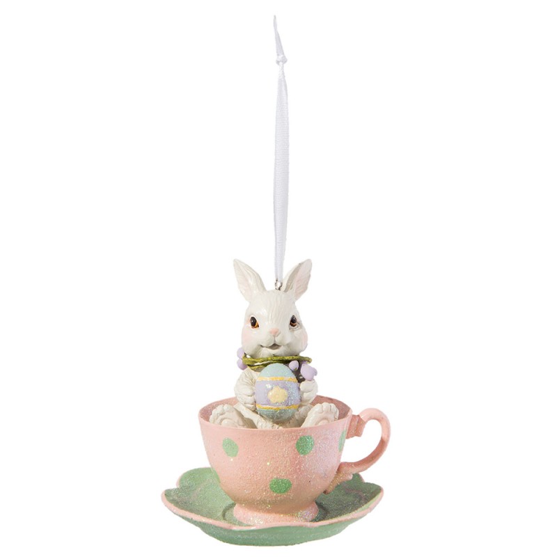 6PR2175 Pendant Ø 9x11 cm Beige Pink Plastic Rabbit Round Easter Decoration
