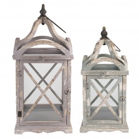 250742 Lantern Set of 2 73/56 cm Grey Wood Glass Candlestick