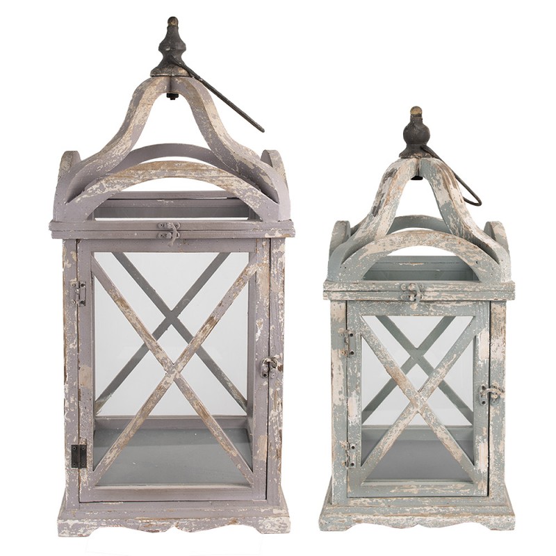 50742 Lantern Set of 2 73/56 cm Grey Wood Glass Candlestick