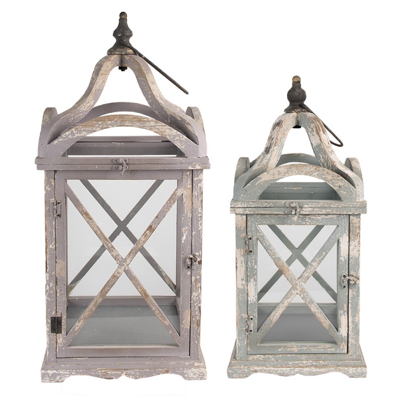 50742 Lantern Set of 2 set van 2 73/56 cm Grey Wood Glass Candlestick