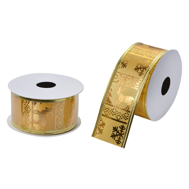 LI0127 Christmas ribbon 38 mm Gold colored Synthetic