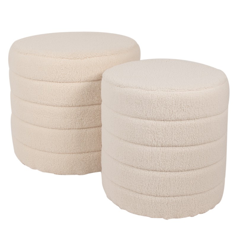 65170 Hocker Set van 2  Ø 50x45 / Ø 40x40  cm Beige Hout Textiel Rond Voetenbankje