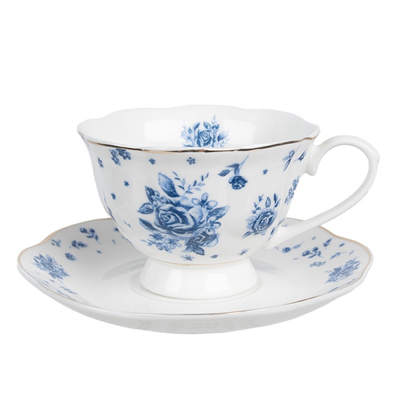 BRBKS Tasse et soucoupe 200 ml Blanc Bleu Porcelaine Roses