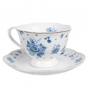 2BRBKS Tasse et soucoupe 200 ml Blanc Bleu Porcelaine Roses