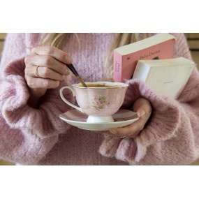 2SWRKS Tasse mit Untertasse 200 ml Rosa Weiß Porzellan Rosen