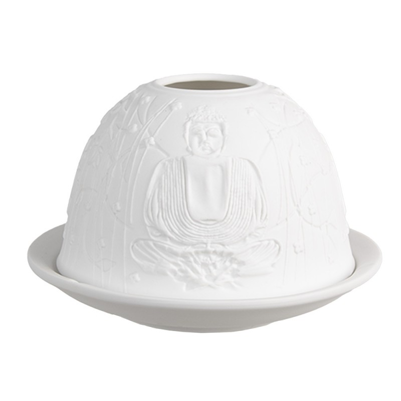 6CE1828 Porte-bougie Ø 12x8 cm Blanc Porcelaine Bouddha