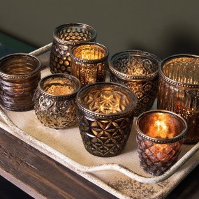 26GL2636 Tealight Holder Ø 9x9 cm Brown Glass Metal Flowers Tea-light Holder