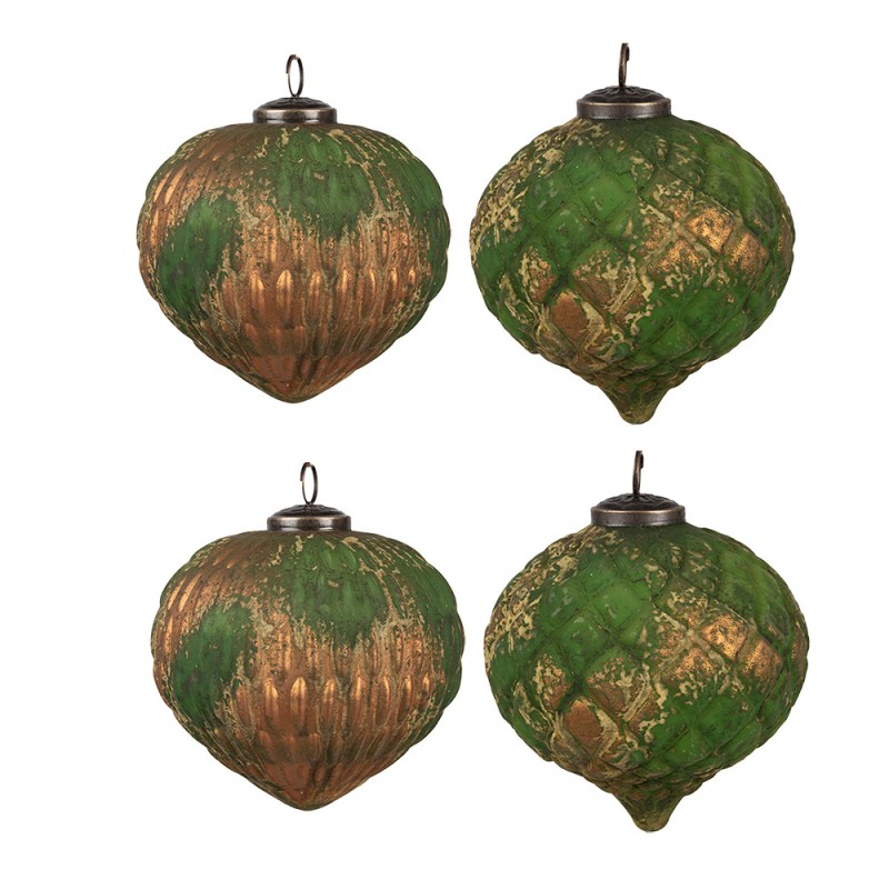 6GL4509 Boule de Noël set de 4 Ø 13x13 cm Marron Vert Verre Décorations d'arbre de Noël