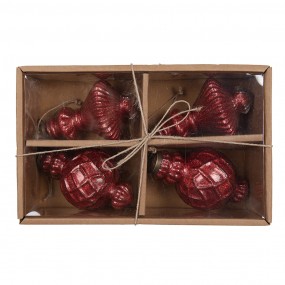 26GL4512 Boule de Noël set de 4  Ø 8x15 cm Rouge Verre Décorations d'arbre de Noël