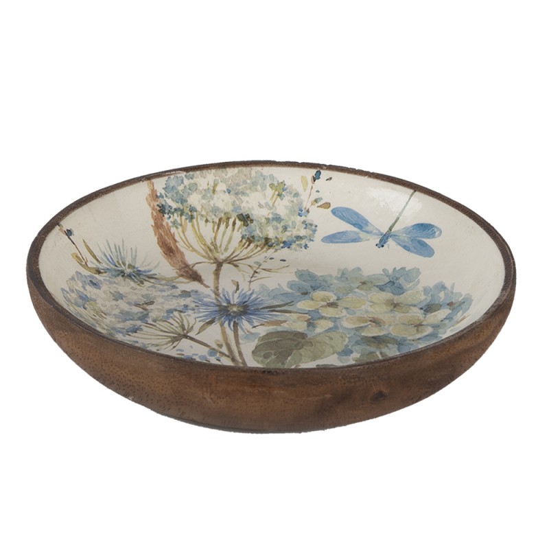 6H1973 Serving Platter Ø 20x4 cm White Blue Wood Flowers Round Presentation Plate