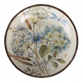 26H1973 Plat de service Ø 20x4 cm Blanc Bleu Bois Fleurs Rond Plat de présentation