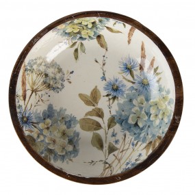 26H1974 Plat de service Ø 24x4 cm Blanc Bleu Bois Fleurs Rond Plat de présentation