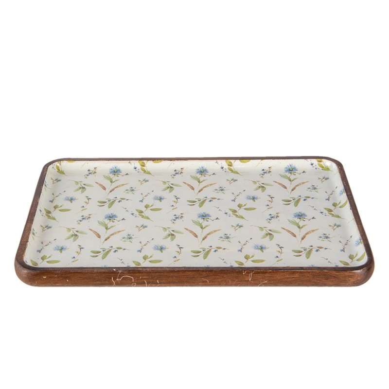 6H1975 Plat de service 30x20x2 cm Blanc Bleu Bois Fleurs Rectangle Plat de présentation