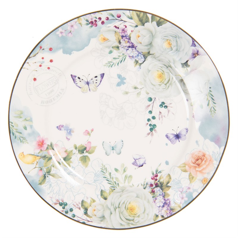 BUTDP Assiette de petit déjeuner Ø 19 cm Blanc Bleu Porcelaine Fleurs Rond Assiette