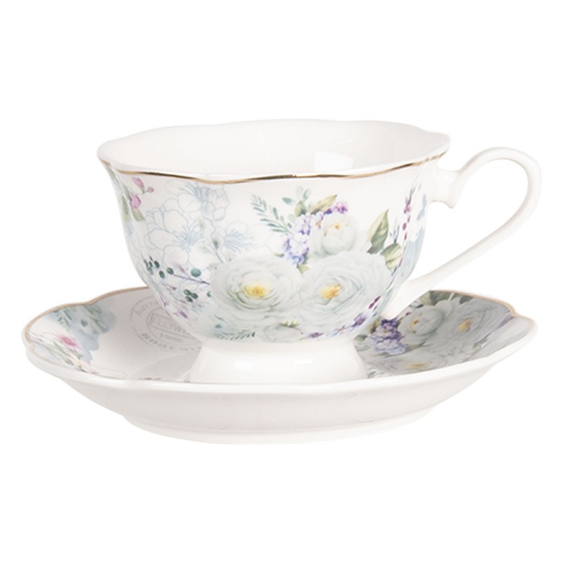 BUTKS Tasse mit Untertasse 220 ml Weiß Blau Porzellan Blumen Rund Geschirr