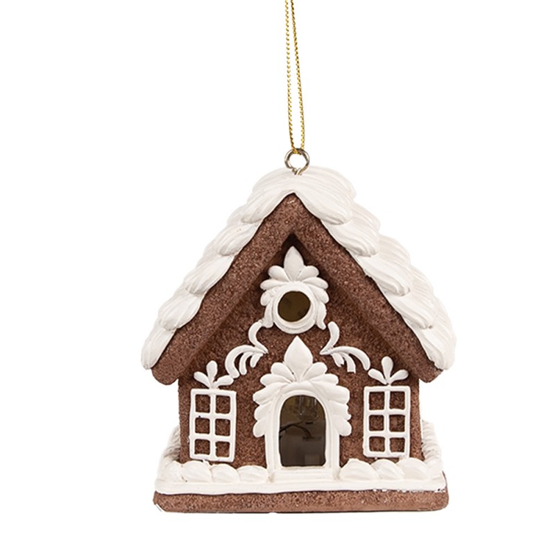 6PR4361 Kersthanger met LED Gingerbread house 8x6x9 cm Bruin Kunststof Peperkoekhuisje