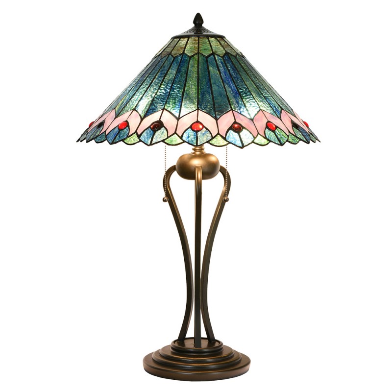 5LL-5391 Lampada da tavolo Tiffany Ø 48x73 cm Verde Rosa  Vetro Triangolo Lampada da scrivania Tiffany