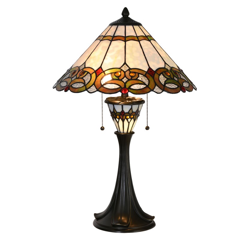 5LL-5392 Tiffany Tafellamp  Ø 40x61 cm  Beige Rood Glas Driehoek Tiffany Bureaulamp